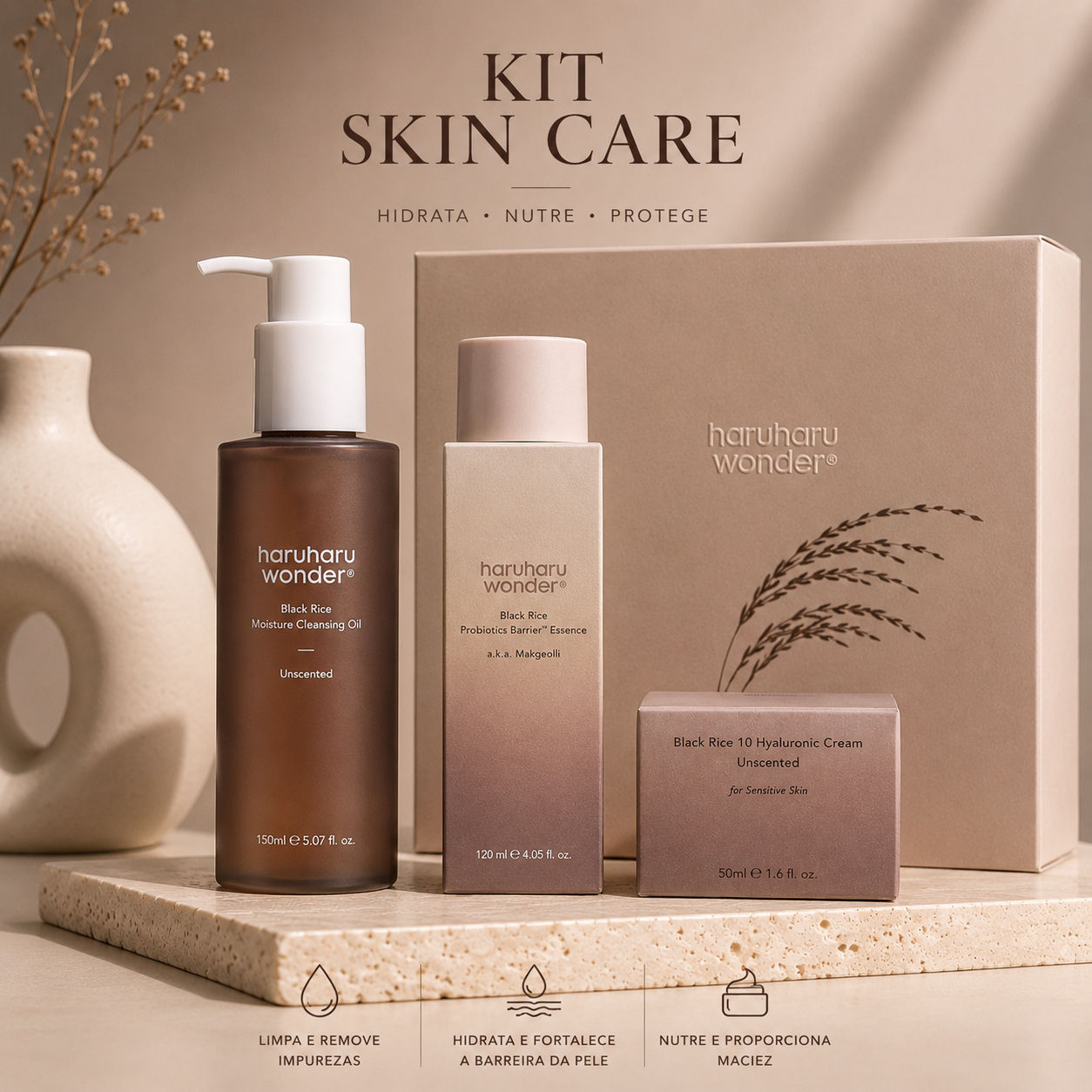 Kit completo skincare com produtos Haruharu Wonder Black Rice.