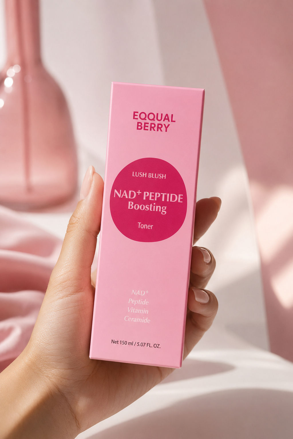 Tônico Equalberry Lush Blush NAD⁺ Peptide Boosting em mãos.