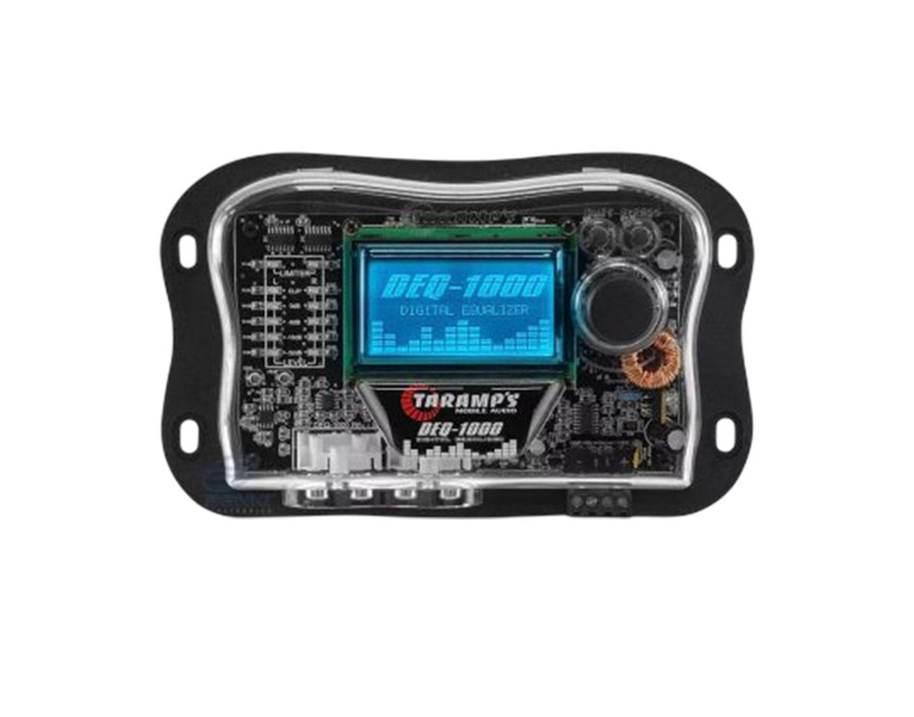 Equalizador Digital Taramps DEQ-1000 com visor LCD azul.