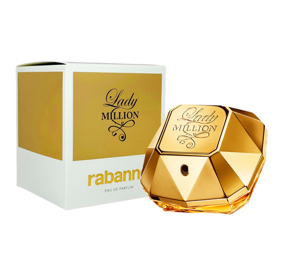 Frasco dourado e embalagem de Lady Million Paco Rabanne.