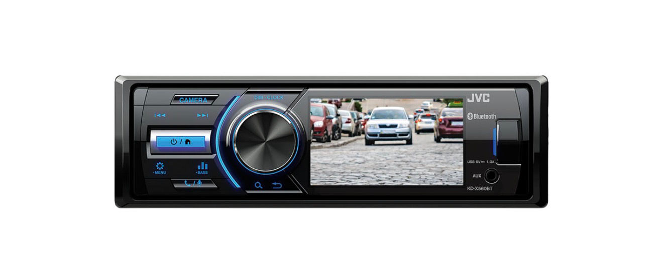 Autorádio JVC KD-X560BT com tela de 3 polegadas e Bluetooth.