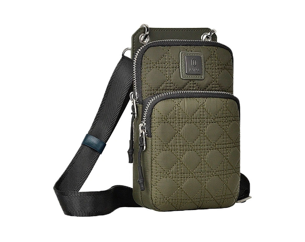 Bolsa Mini Crossbody Wiwu verde com alça preta e zíper