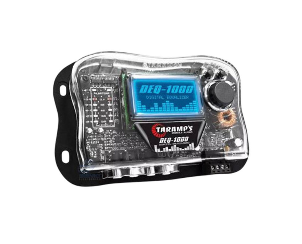 Equalizador digital Taramps DEQ-1000 com visor LCD azul e carcaça transparente.