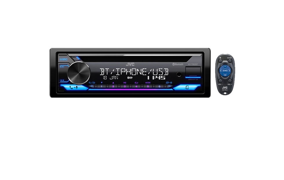 Autorádio JVC KD-T952BT com visor digital e comando remoto.
