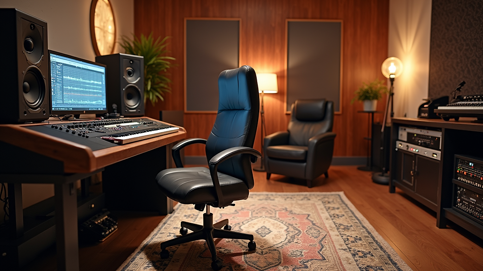 Eye-level view of a modern home studio with sound equipment