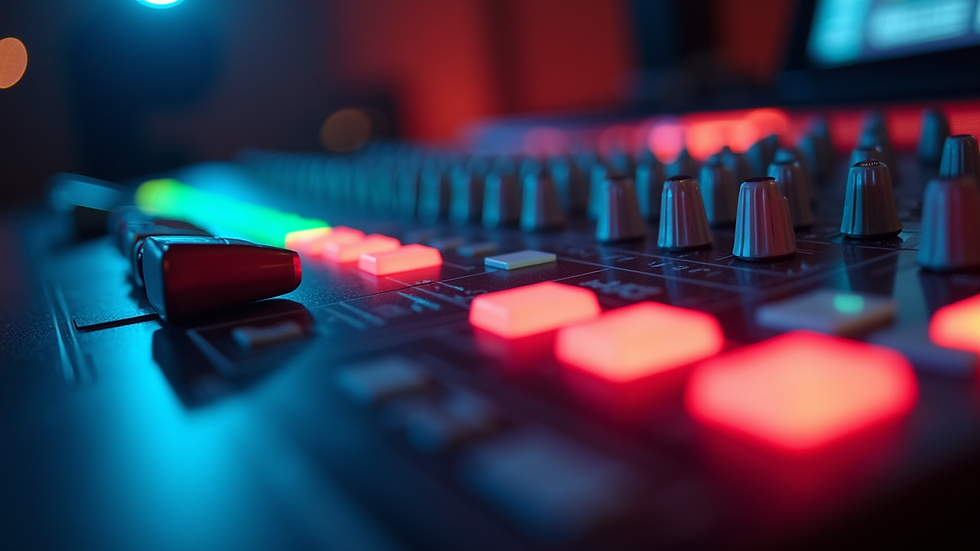 Eye-level view of a sound mixing console with colorful lights