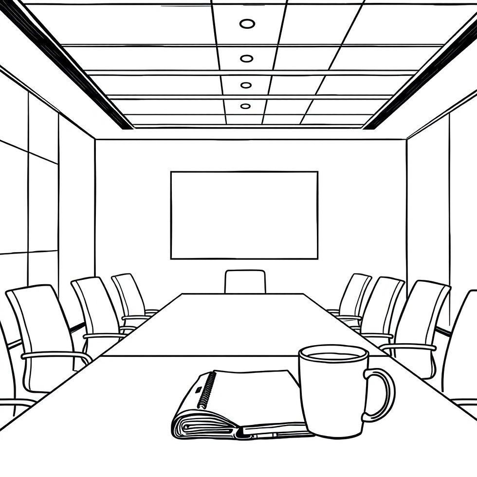 An empty conference room with a binder and coffee mug on the table.