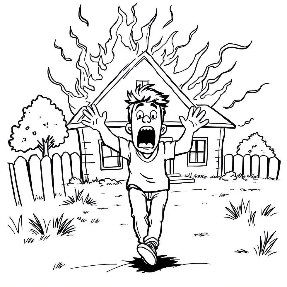 A man panicking as he runs from a house on fire.