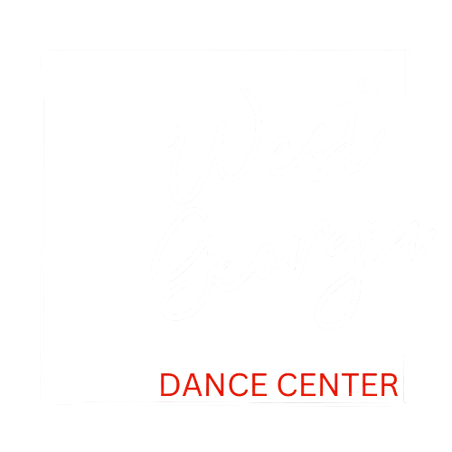 The alternate text for the image is: "A logo for 'West Georgia Dance Center'. The text 'West Georgia' is in a white script font, and 'DANCE CENTER' is in a red, smaller, block font beneath it. All the text is centered on a black background and enclosed by a thin white square border."