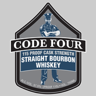 Chevron logo with a graphic of a male police officer crossing his arms standing behind rocker graphic with CODE FOUR 115 PROOF CASK STRENGTH STRAIGHT BOURBON WHISKEY constrained within it.
