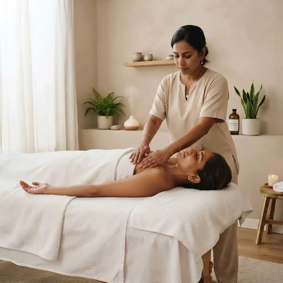 Studio photography of a massage therapist gently working on a client's chest. The serene setting suggests a relaxing wellness treatment.