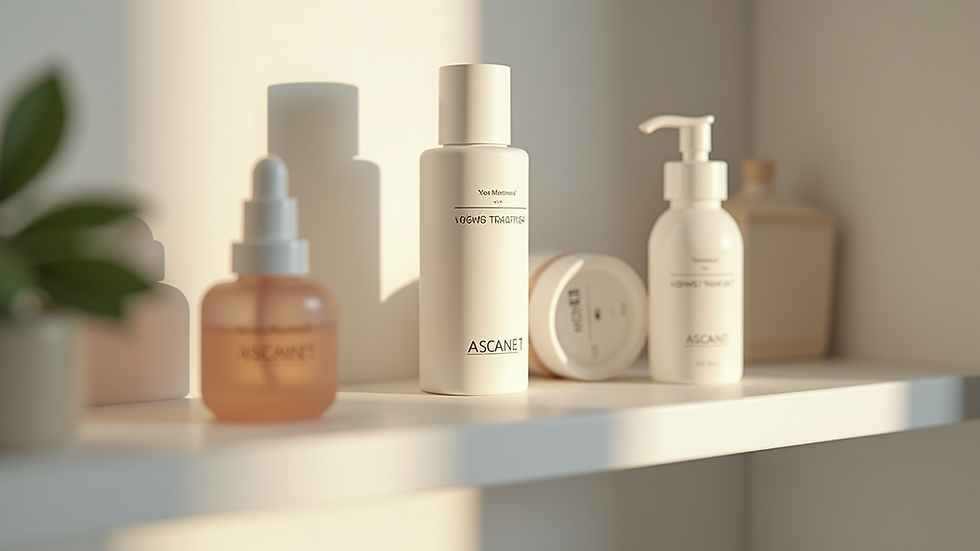 Eye-level view of a bathroom shelf with acne treatment products
