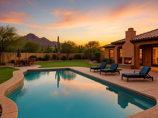 Scottsdale vacation rental backyard with pool, grassy play area, and mountain views