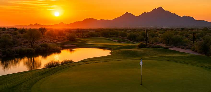 Golf course view with Scottsdale mountains in the background during sunset