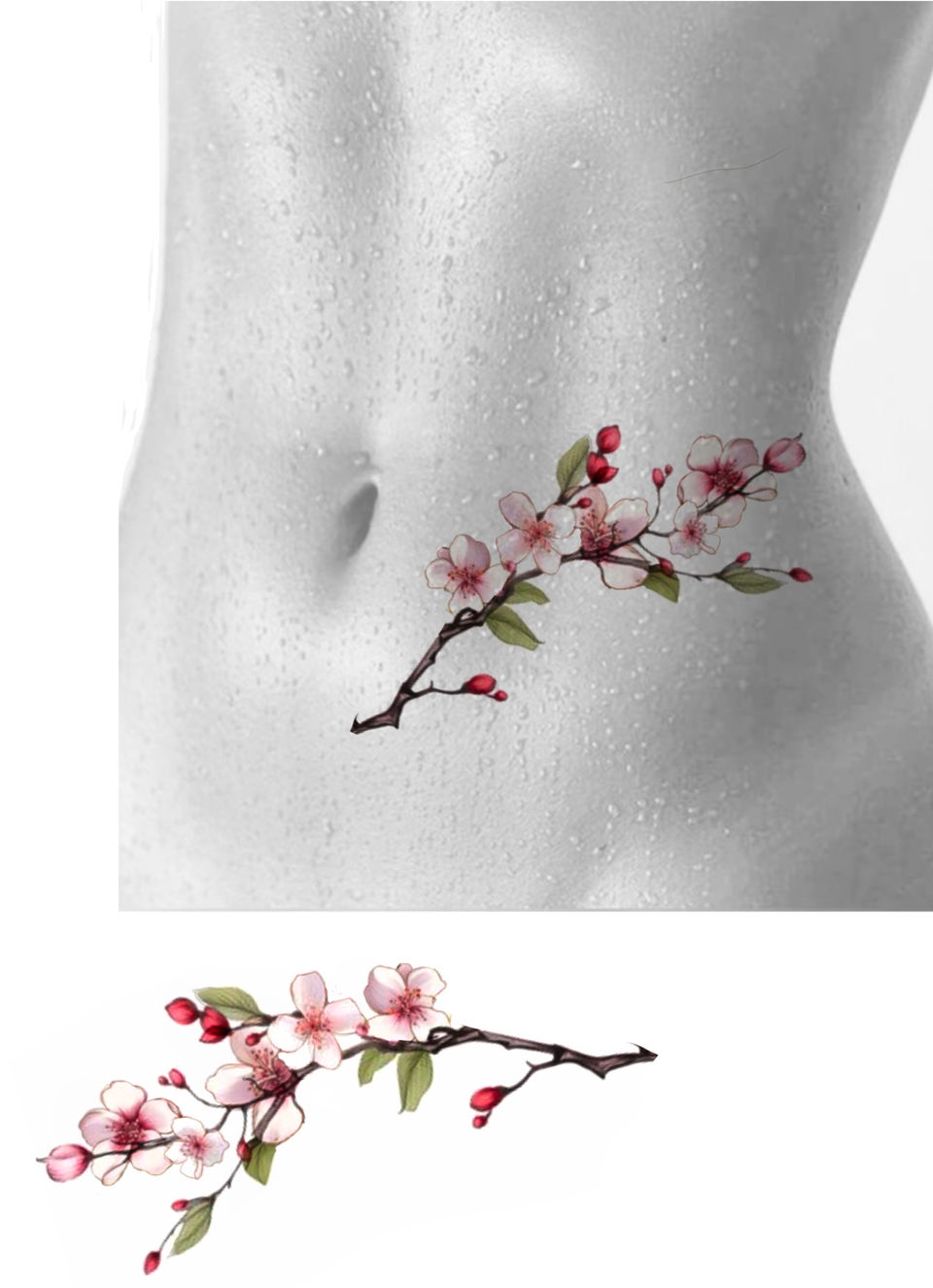 Delicate cherry blossom tattoo design on abdomen
