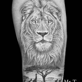 A detailed realism lion tattoo by Mr. T at L2 Ink in West Hollywood