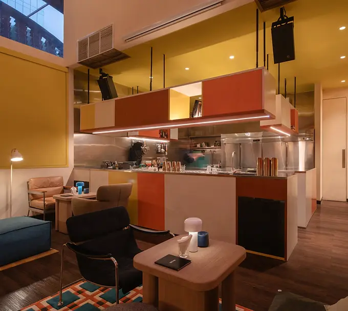 Contemporary bar and lounge with colorful decor