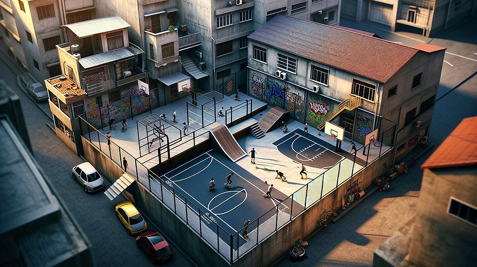 DALL·E 2023-12-01 11.30.18 - A compact urban sports setup in a small, unused urban space.