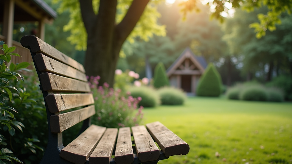 Close-up view of a serene garden with a bench