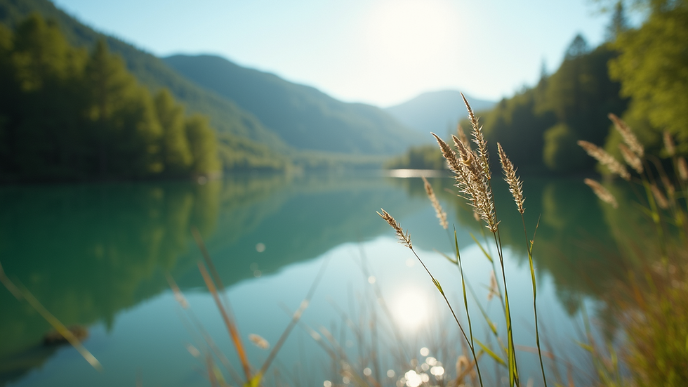Close-up view of a serene nature scene with a calm lake