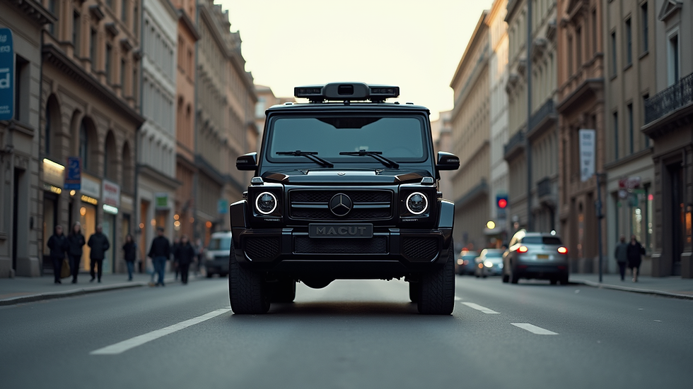 Eye-level view of a black armored car parked on a city street
