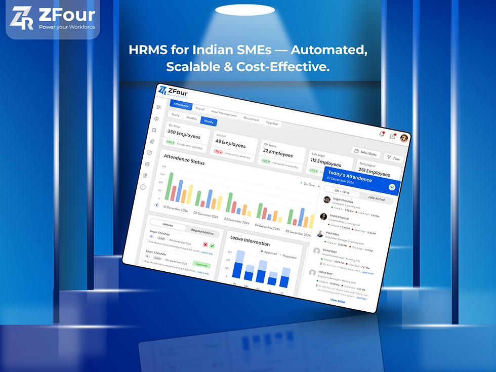 A tilted screen displays an HRMS dashboard with employee data and graphs. Background: blue with vertical beams. Text: "HRMS for Indian SMEs."