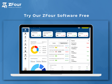 Laptop screen showing ZFour Software dashboard with employee data charts and summaries on a blue background. Text: "Try Our ZFour Software Free".