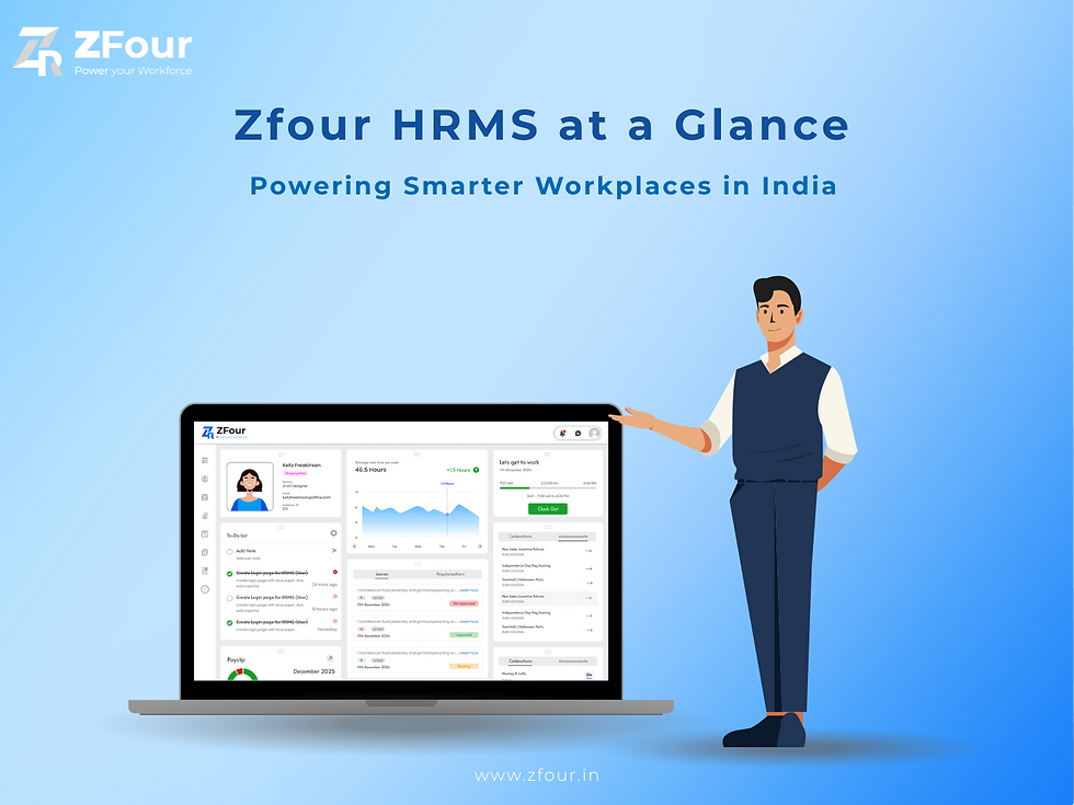 Illustration of a man pointing at a laptop displaying Zfour HRMS software. Blue gradient background with text: Zfour HRMS at a Glance.