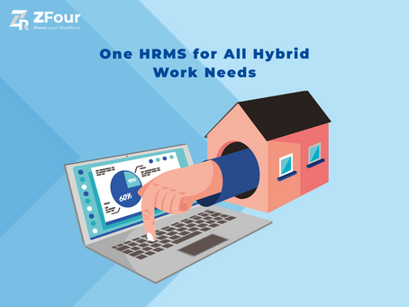 Laptop with charts and hand emerging from a house. Text: One HRMS for All Hybrid Work Needs. Blue background with ZFour logo.