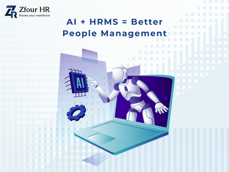 Robot emerging from a laptop, reaching towards an "AI" chip. Text: "AI + HRMS = Better People Management." Blue gradient background. Logo: "Zfour HR."