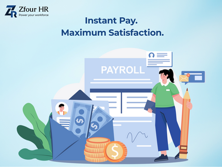 Illustration of a person holding a large pencil beside payroll documents, money, and coins. Text reads "Instant Pay. Maximum Satisfaction."