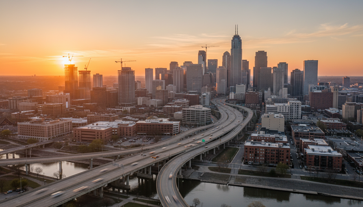 Wide-angle view of a growing American city skyline at sunrise.