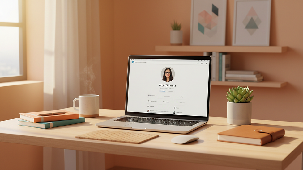Eye-level view of a professional workspace with a laptop displaying a LinkedIn profile