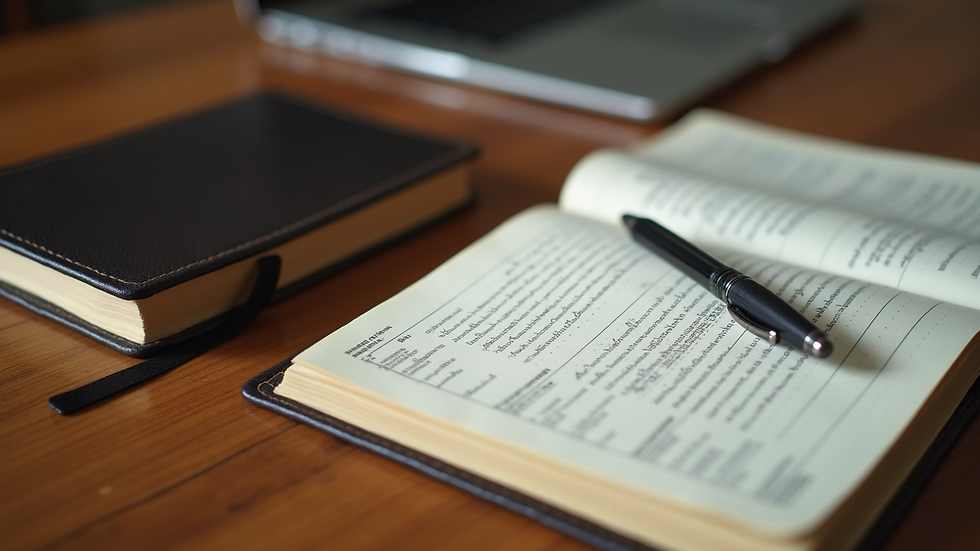 High angle view of a journal, pen, and Bible on a wooden table