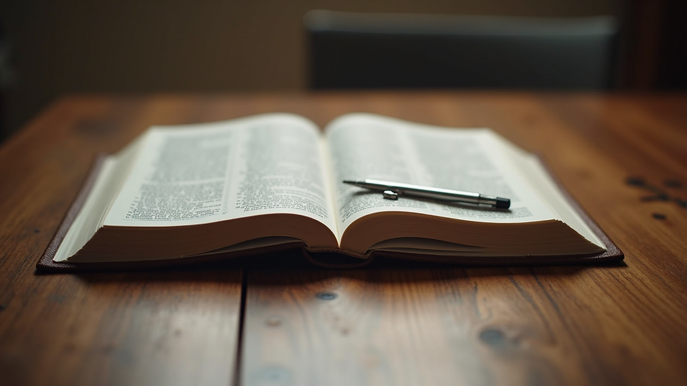 Eye-level view of a wooden desk with an open Bible and notebook