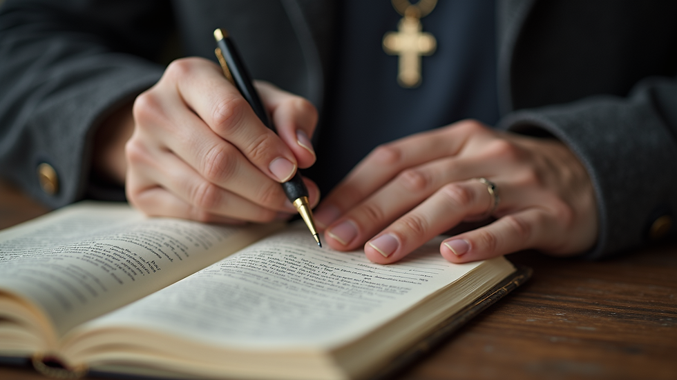 Close-up view of a hand writing in a journal with a cross necklace nearby
