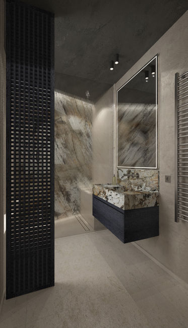 A careful interplay of materials in japaneese style and textures for this bathroom creates a rich, tactile atmosphere and experience. With wood smoked and green stone.