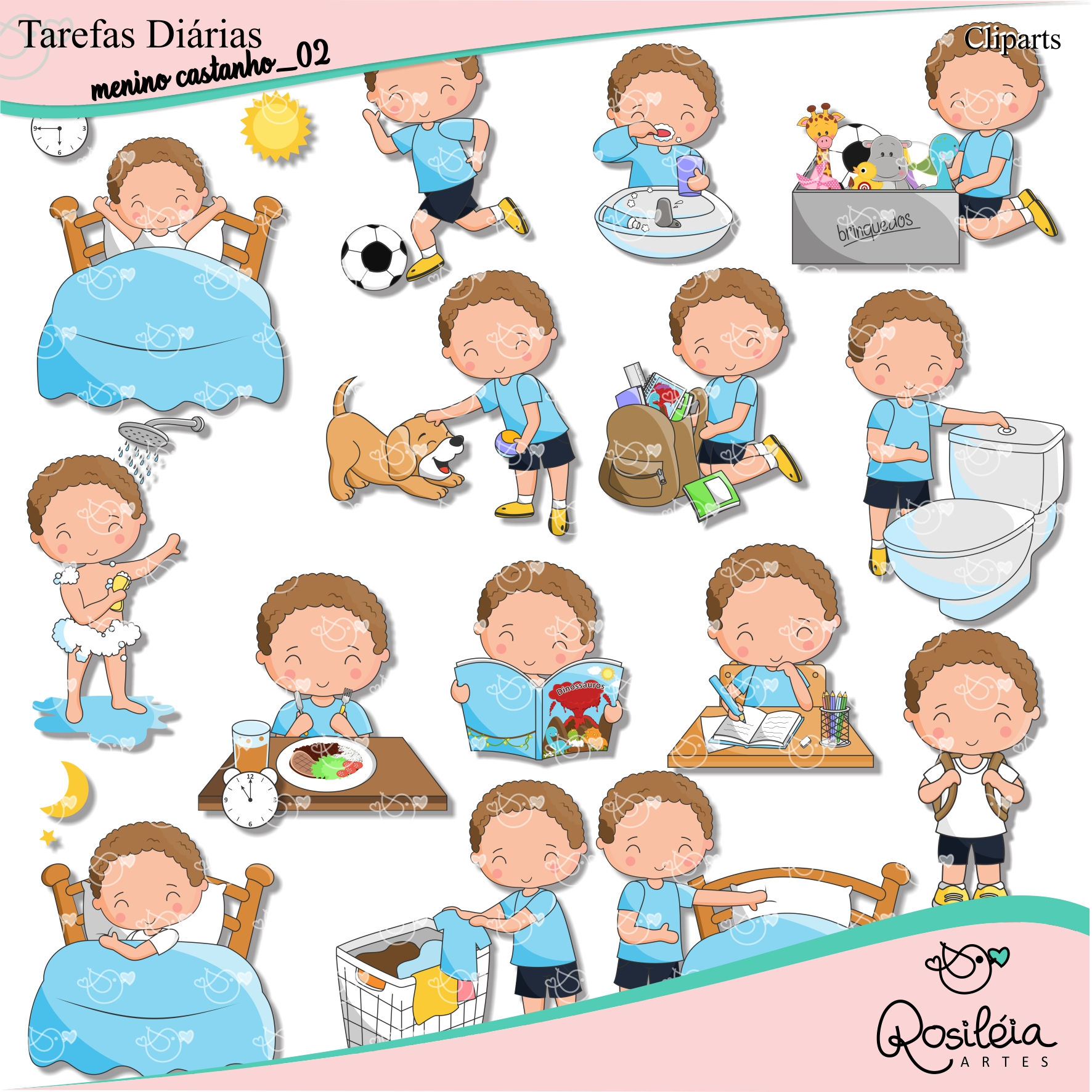 Kit de Cliparts Tarefas Diárias Menino Castanho_02