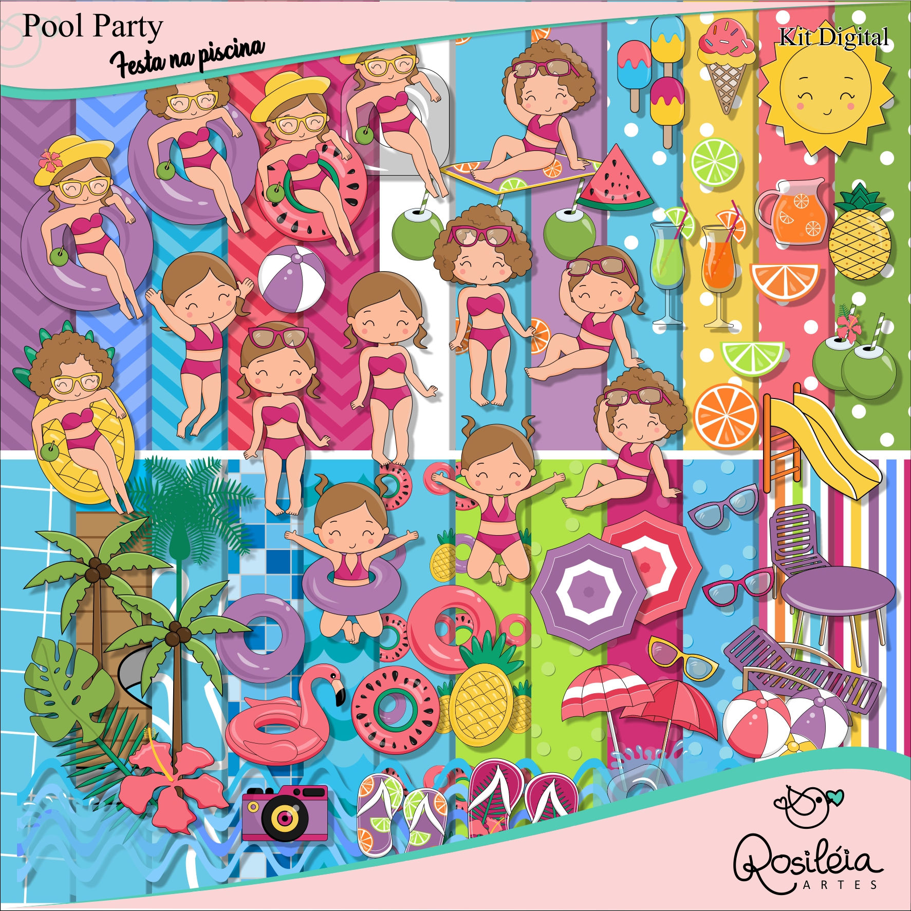 Kit Digital Pool Party - Festa na Piscina Menina