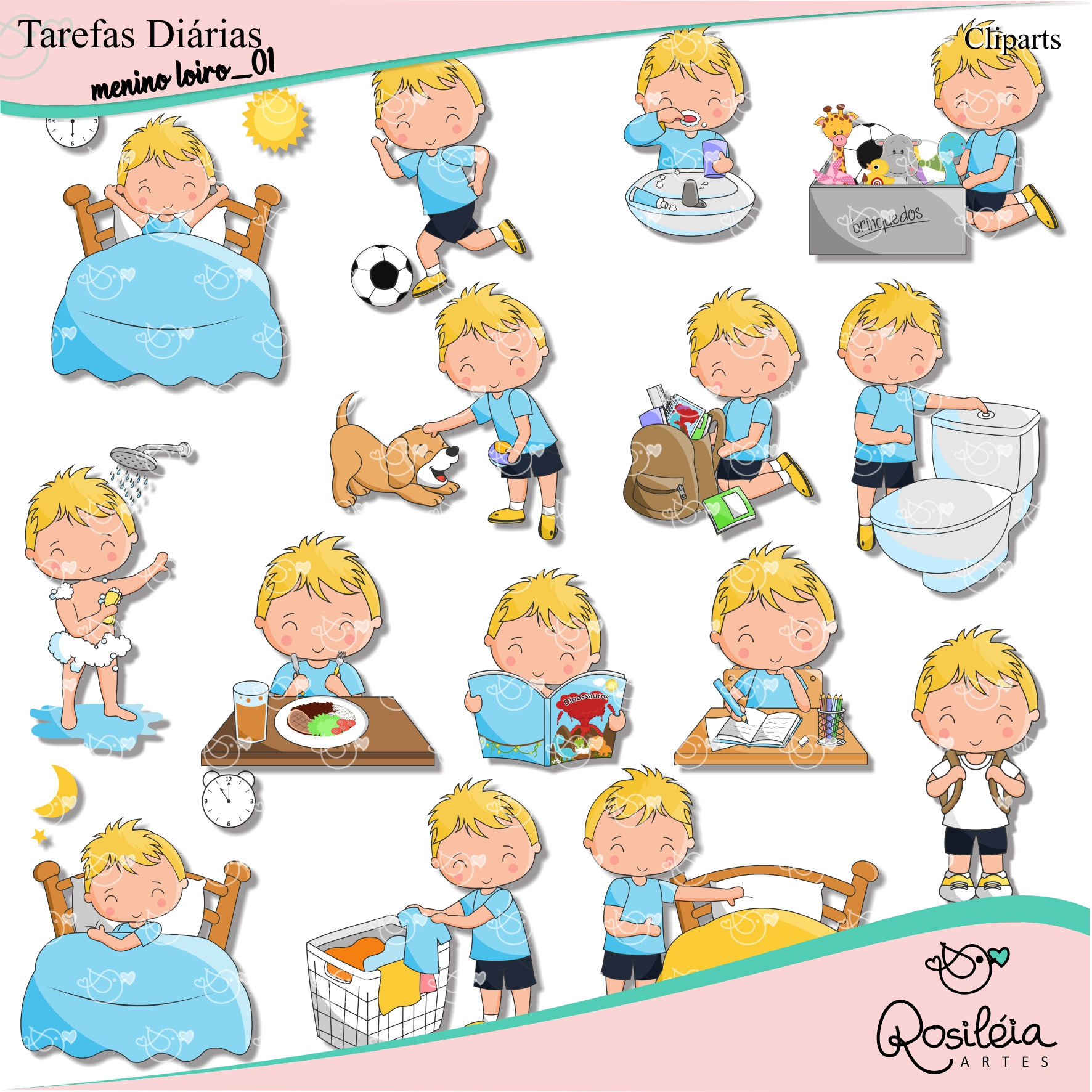 Kit de Cliparts Tarefas Diárias Menino Loiro_01