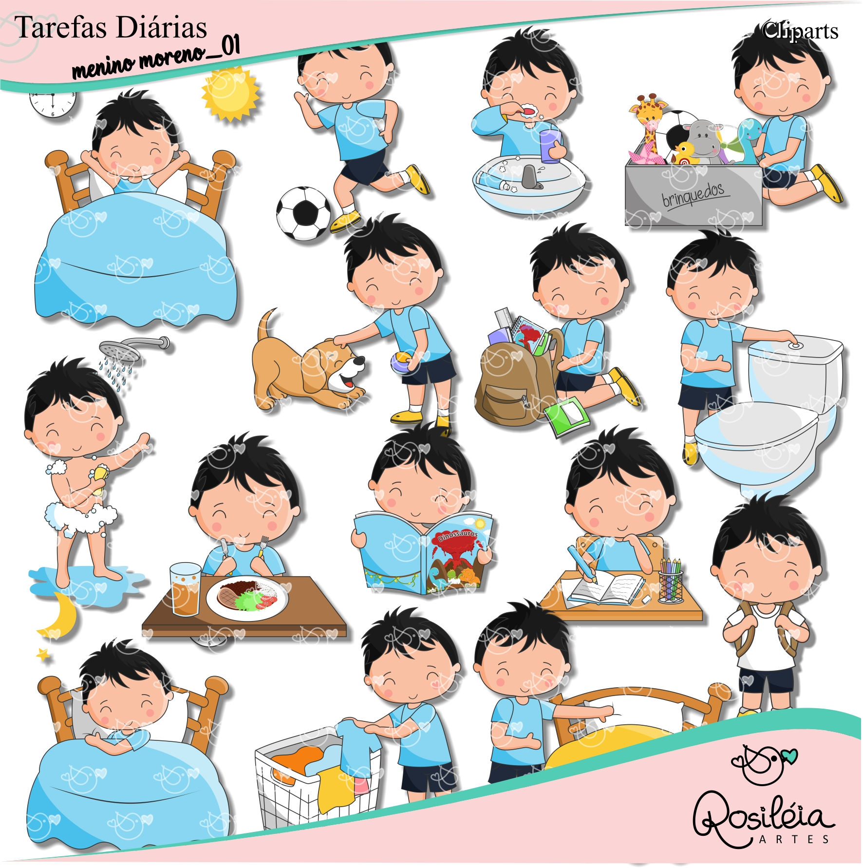 Kit de Cliparts Tarefas Diárias Menino Moreno_01
