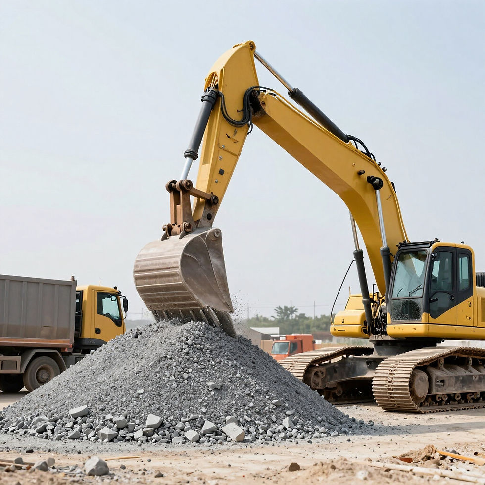 Yellow excavator loading gravel for bulk aggregate delivery