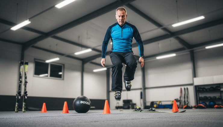 Low-angle view of a person performing a lateral bound in an indoor training space
