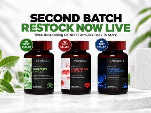 Three PICNELT best-selling supplements featured in a second batch restock campaign: Quercetin Capsules, Coenzyme Q10 Softgels, and L-Theanine Sleep Support Capsules.