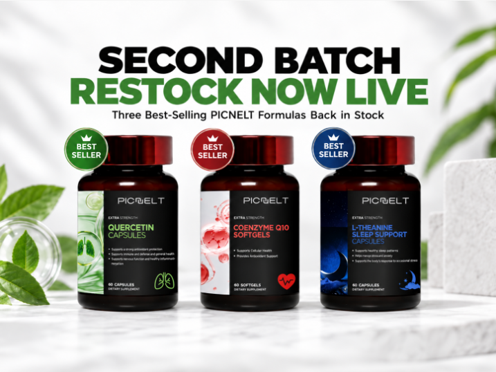 Three PICNELT best-selling supplements featured in a second batch restock campaign: Quercetin Capsules, Coenzyme Q10 Softgels, and L-Theanine Sleep Support Capsules.