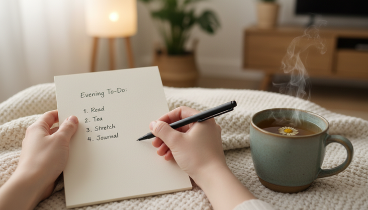 Close-up of hands writing a short evening list in a notebook beside herbal tea.
