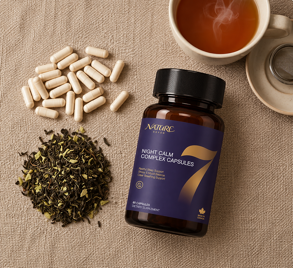 Overhead view of unbranded capsules beside hops flowers and a cup of tea on linen fabric.