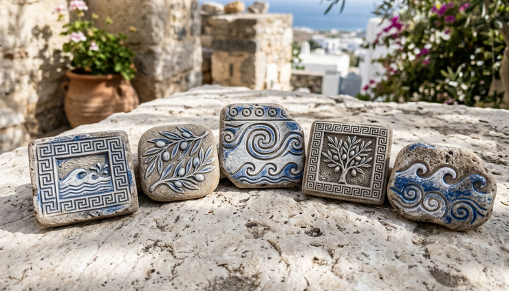 Close-up of stone-textured Aegean magnets with carved wave and meander motifs