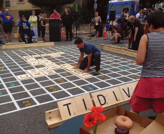 The City of Seattle, WA, USA hosted its first Street Scrabble Tournament in partnership with Fehr & Peers, Team Better Block, and Framework design firm during the ITE Annual Meeting and Exhibit in August 2014.