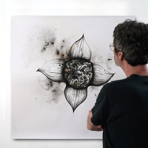 Indian ink and lampblack drawing of flower and viscera. Work by Vincent Mesaros